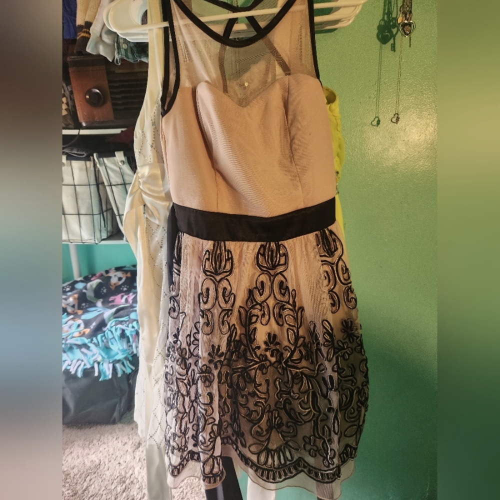 Pink dress with sheer high neck and organic black floral pattern